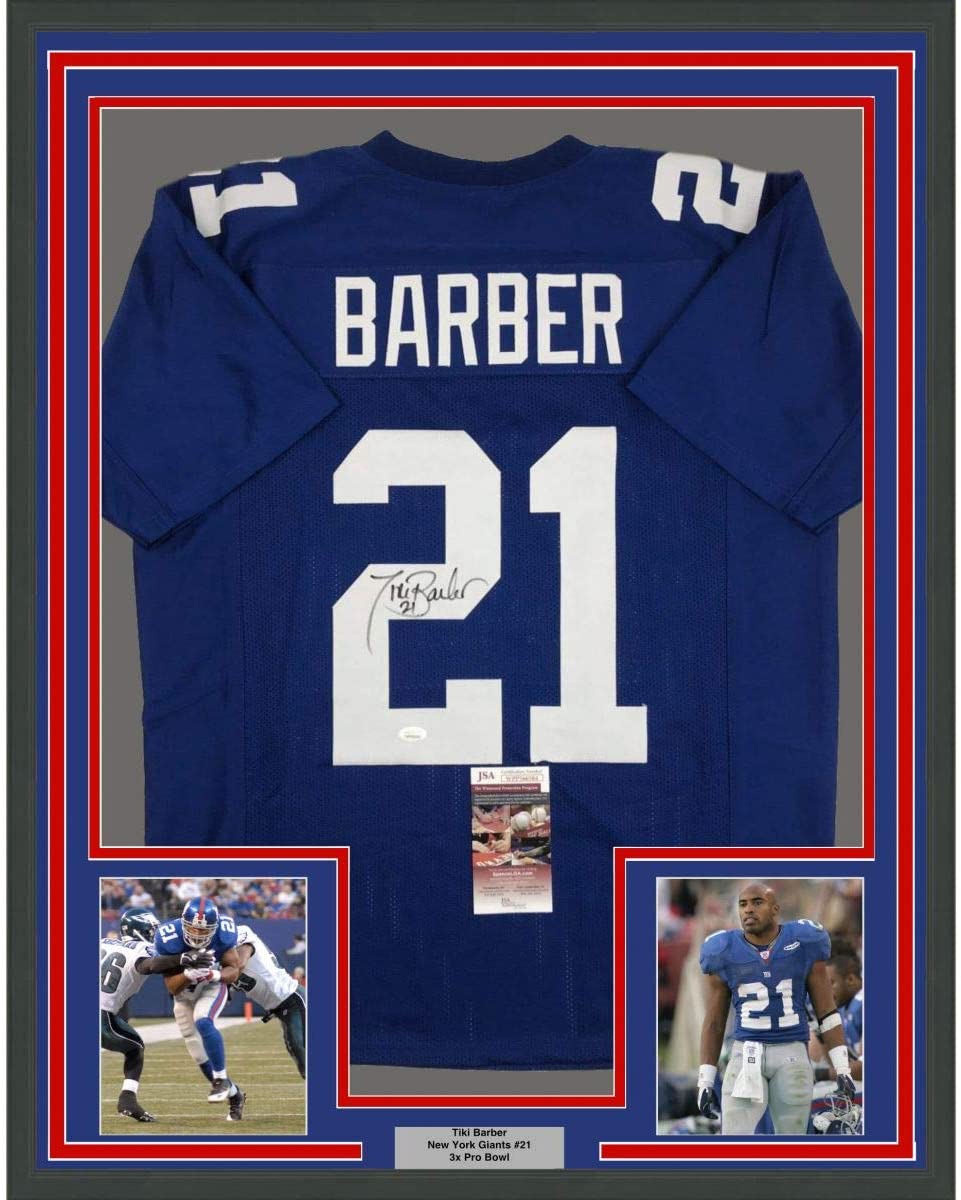 Framed Tiki Barber New York Blue Jersey