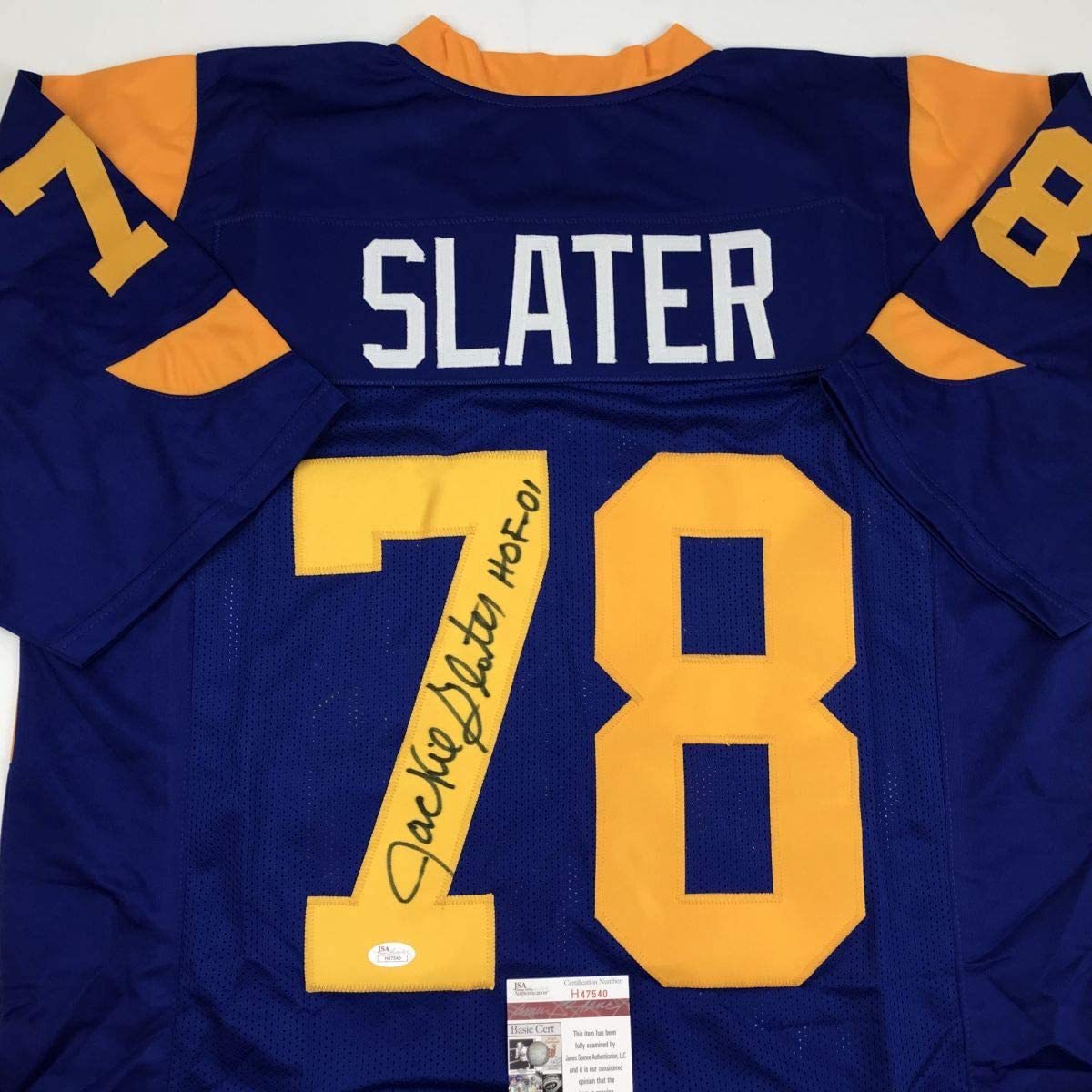 Autographed/Signed Jackie Slater HOF 01 Los Angeles Rams Retro Blue Football Jersey JSA COA