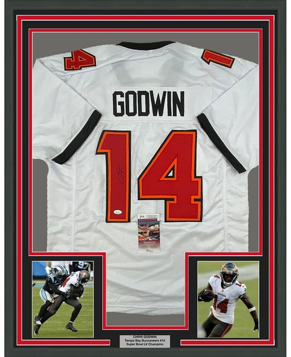 Framed Autographed/Signed Chris Godwin Tampa Bay Buccaneers White Football Jersey JSA COA