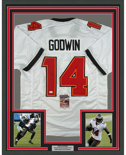 Framed Autographed/Signed Chris Godwin Tampa Bay Buccaneers White Football Jersey JSA COA
