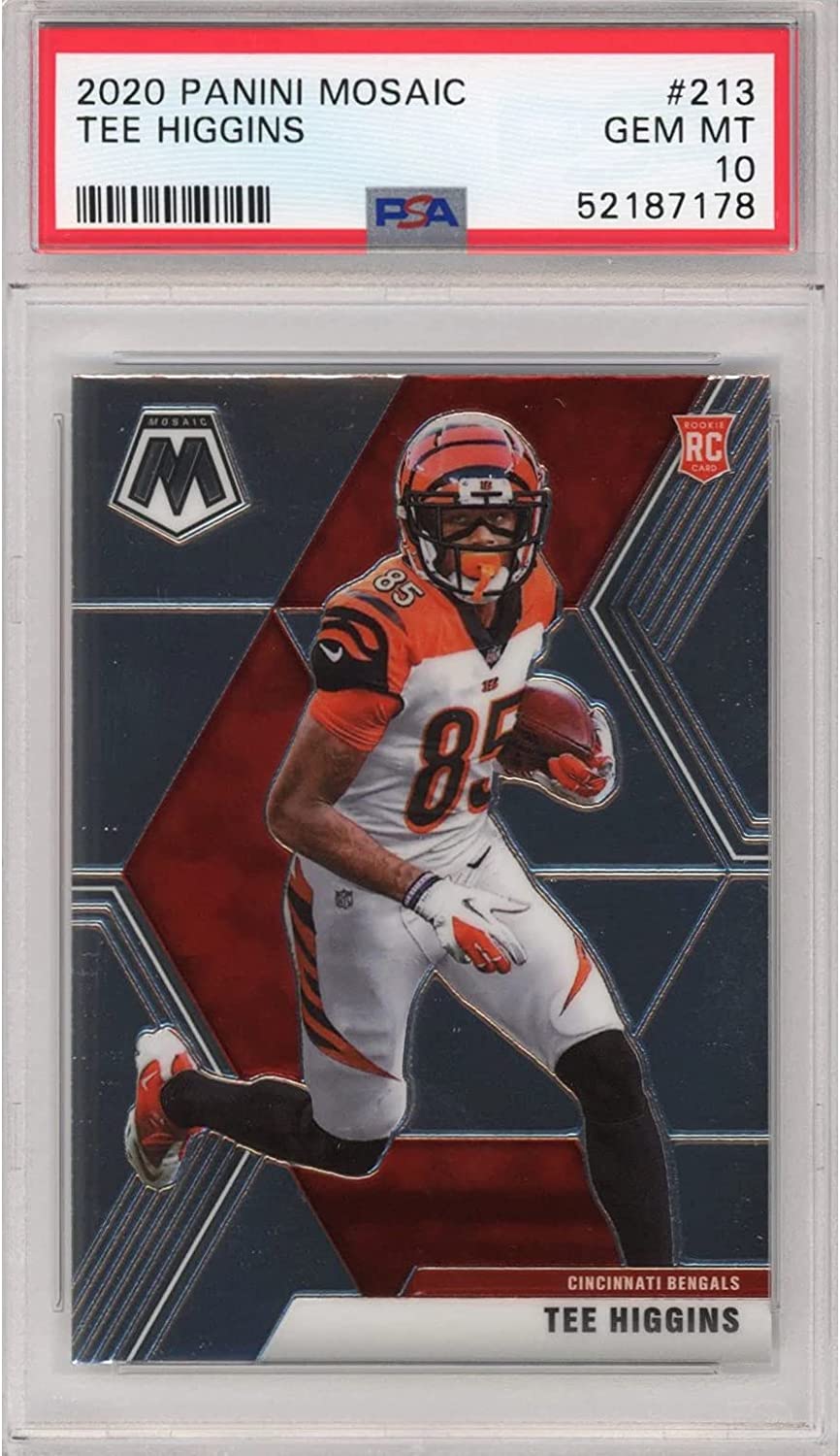 Front view of a PSA-graded card slab showing a running football player in a white jersey with number 85.