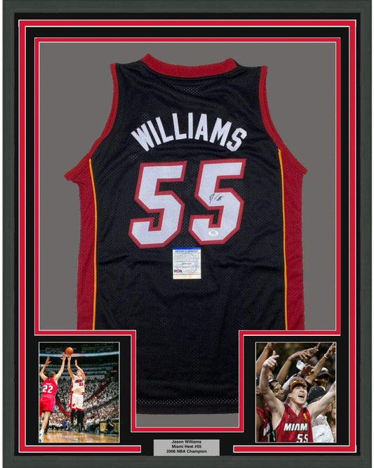 Black Miami Heat basketball jersey #55 with red trim and "WILLIAMS" nameplate, framed with two accompanying photos and authentication plaque.