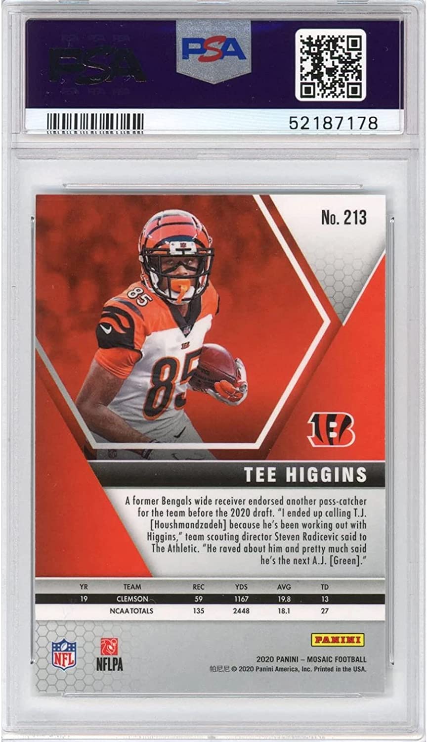Reverse of a PSA-slabbed football card showing a Bengals player in an orange and white jersey holding a football.