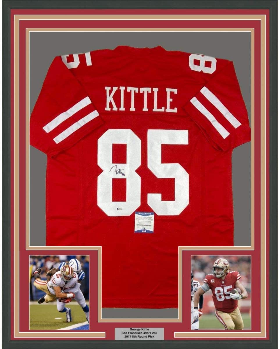Framed Autographed/Signed George Kittle 35x39 San Francisco Red Football Jersey Beckett BAS COA