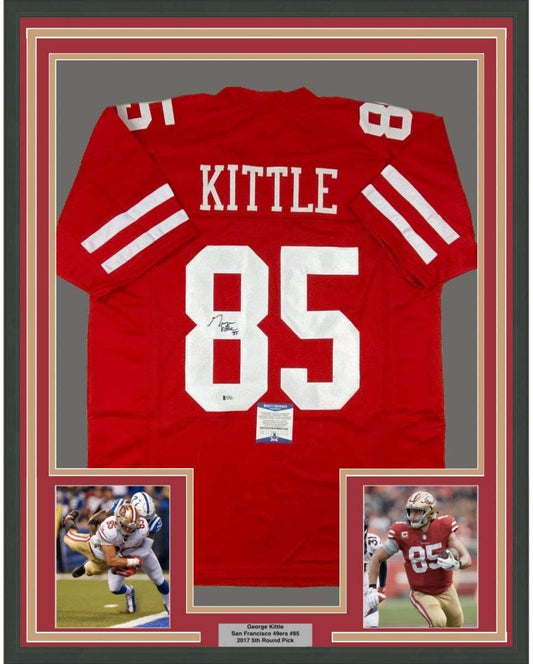 Framed red San Francisco 49ers jersey number 85 with "KITTLE" nameplate, flanked by two action photos and authentication certificate.