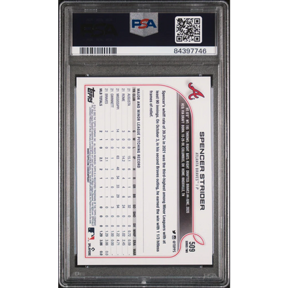 Graded 2022 Topps Spencer Strider #509 Rookie RC PSA 10 back with Braves stats