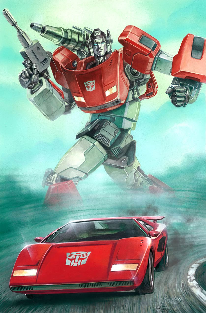 Painted artwork of a red and grey robot aiming a cannon over a red sports car bearing an Autobot emblem.