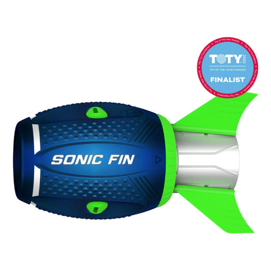 Dark blue aerodynamic football with "SONIC FIN" text and bright green fins shown from side angle, with TOTY 2022 Finalist award badge above.