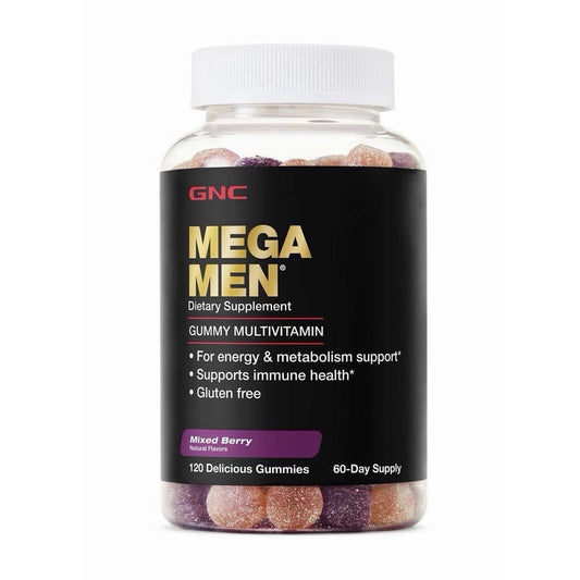 Clear plastic bottle with white cap containing mixed berry-colored gummies, black label with gold "Mega Men" text and product details on white background.