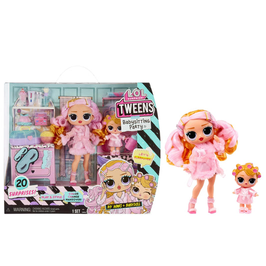 LOL Surprise Tweens Babysitting Party playset box on left showing pink dolls and accessories, with two assembled dolls displayed on right against white background.