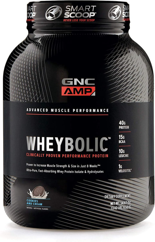 Black plastic protein powder container with "GNC AMP WHEYBOLIC" label, featuring nutrition facts showing 40g protein, displayed against white background.