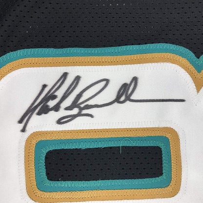 Close-up of Mark Brunell autograph on custom black football jersey JSA authenticated