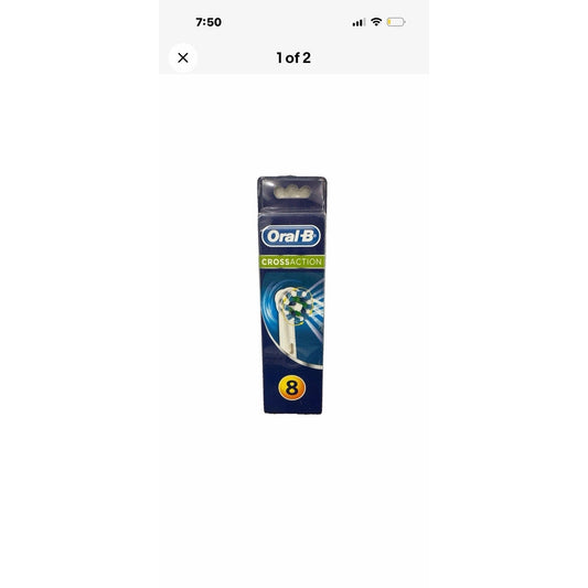 Oral-B CrossAction replacement brush heads pack of eight shown front-facing against white background, navy blue cardboard box with yellow circular badge.