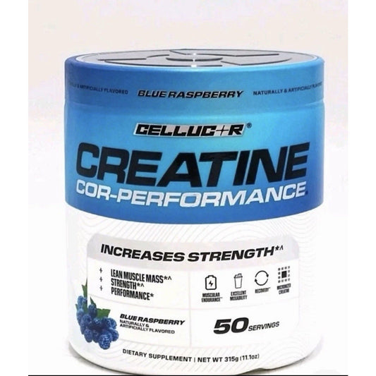 Blue and white cylindrical container of Cellucor Creatine Cor-Performance powder in blue raspberry flavor, showing front label with benefits and 50 servings, against plain background.