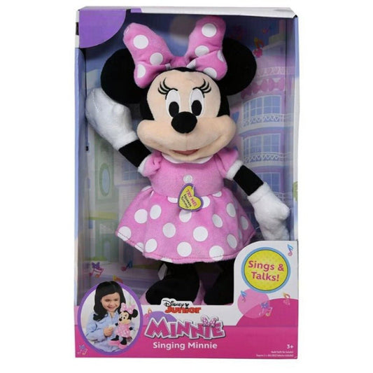 Disney Junior Singing Minnie Mouse plush toy in pink polka dot dress displayed in retail packaging showing front product view.