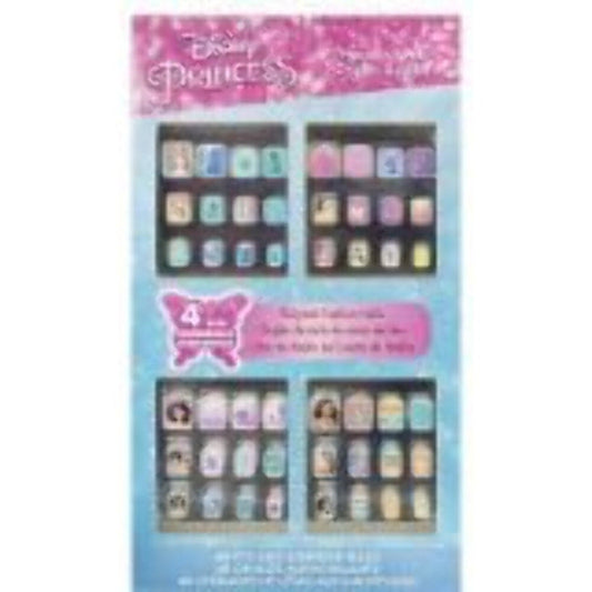 Packaging back showing four palette grids displaying Disney Princess nail polish colors in pastel shades with pink butterfly emblem.