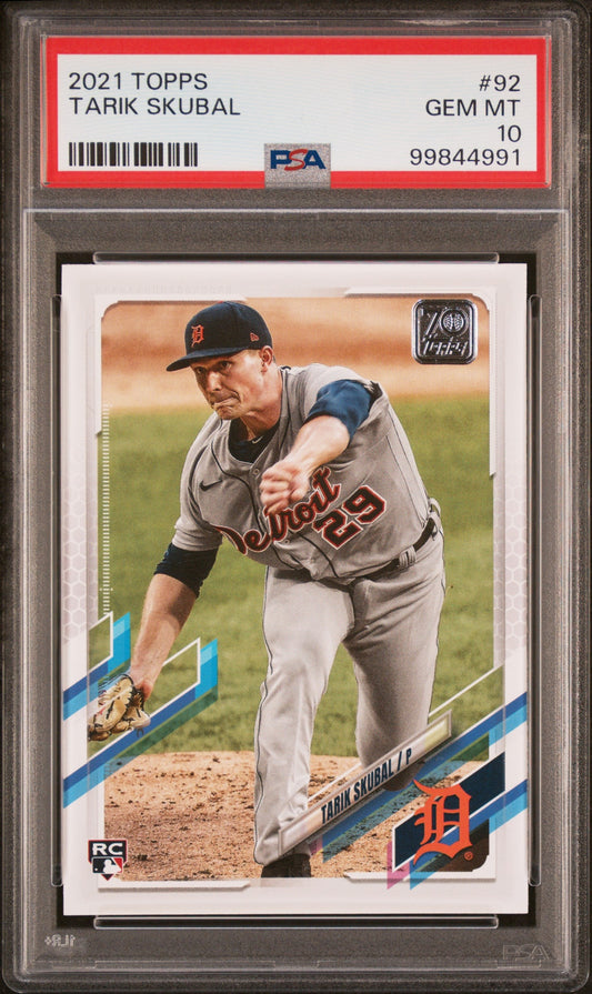 PSA-graded baseball card in protective case showing Detroit Tigers pitcher Tarik Skubal mid-delivery, gray uniform, with red label at top.