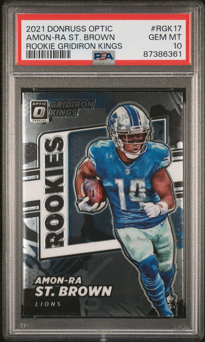 Graded 2021 Panini Donruss Optic Amon-Ra St. Brown Rookie Gridiron Kings Rookie RC Football Card PSA 10 Gem Mint
