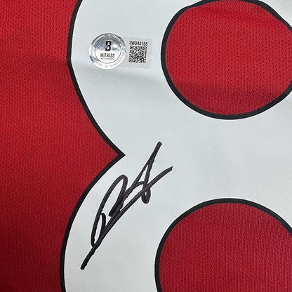 Framed Autographed/Signed Bruno Fernandes 35x39 Manchester United Red Soccer Jersey Beckett BAS COA