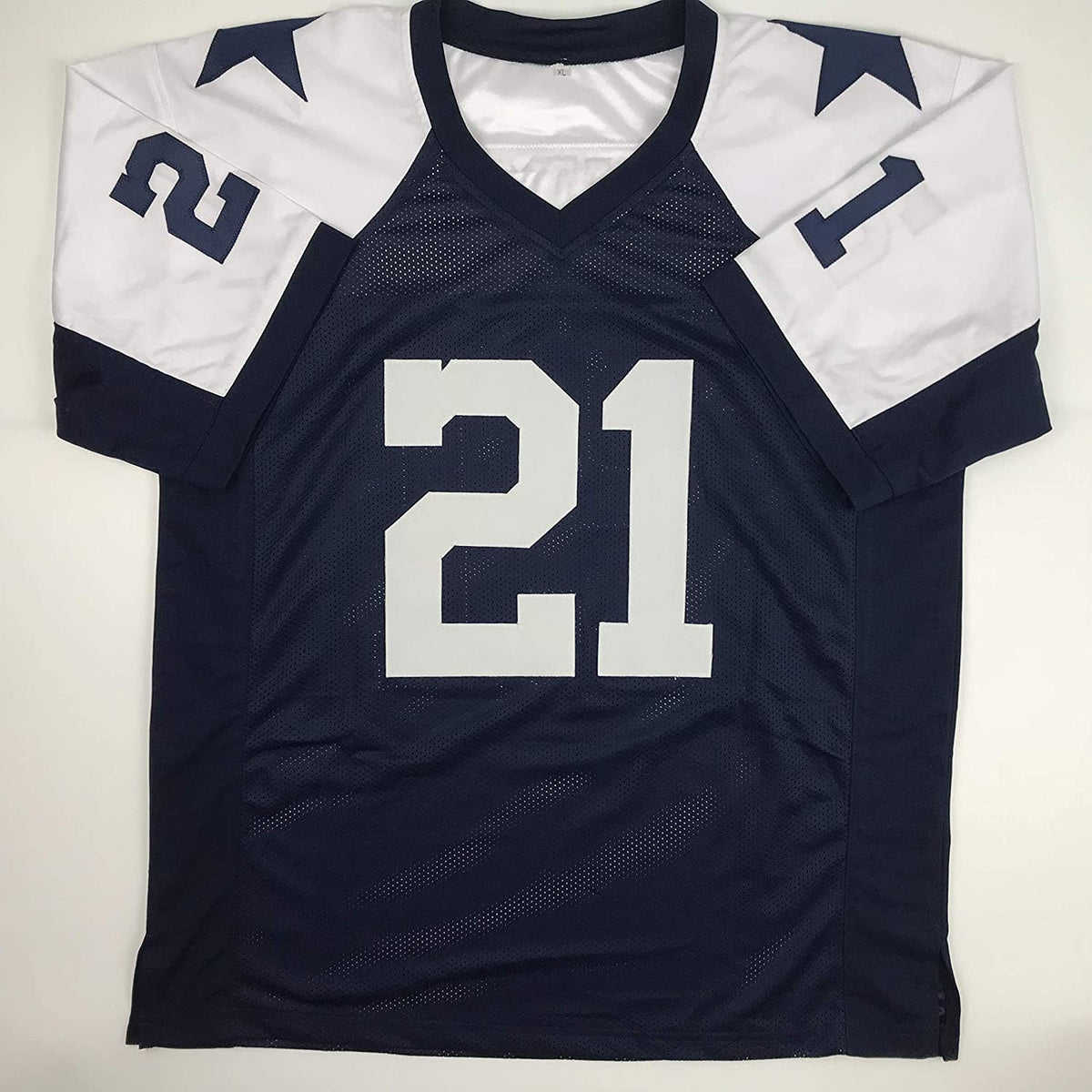 Autographed Deion Sanders custom Dallas football jersey full display view with JSA signature