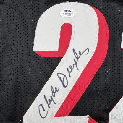 Framed Autographed/Signed Clyde Drexler 35x39 Portland Black Basketball Jersey PSA COA
