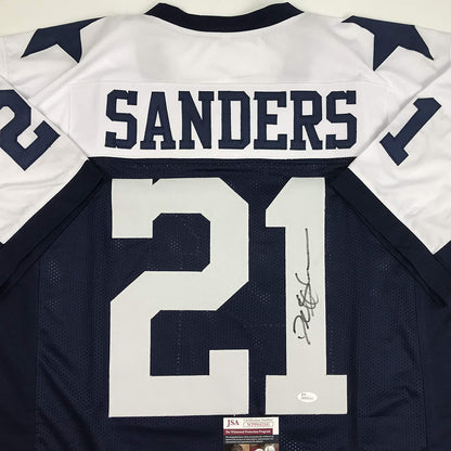 Autographed Deion Sanders custom Dallas Thanksgiving Day football jersey front view with signature JSA COA