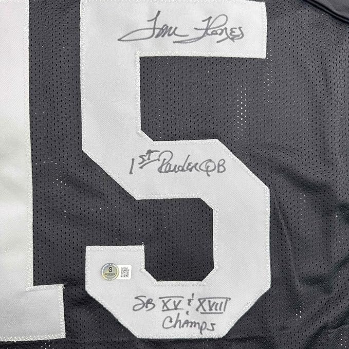 Framed Autographed/Signed Tom Flores 35x39 Las Vegas Oakland Black Football Jersey Beckett BAS COA