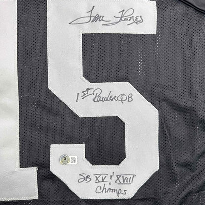 Framed Autographed/Signed Tom Flores 35x39 Las Vegas Oakland Black Football Jersey Beckett BAS COA