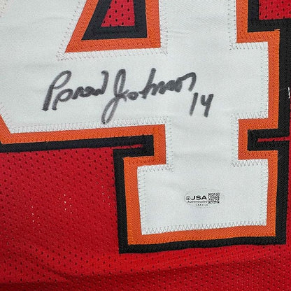 Framed Autographed/Signed Brad Johnson 35x39 Tampa Bay Red Football Jersey Beckett BAS COA