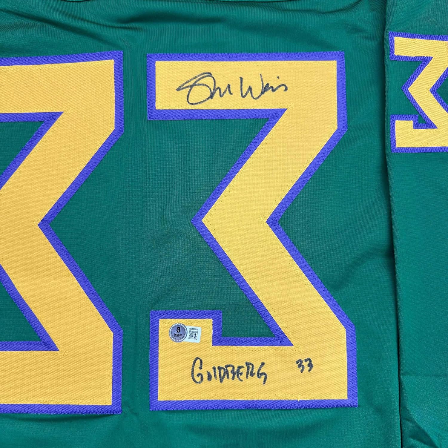 Close-up of signed green hockey jersey showing yellow chevron stripes, purple trim, handwritten signature, and "Gipperns 93" text with authentication sticker.