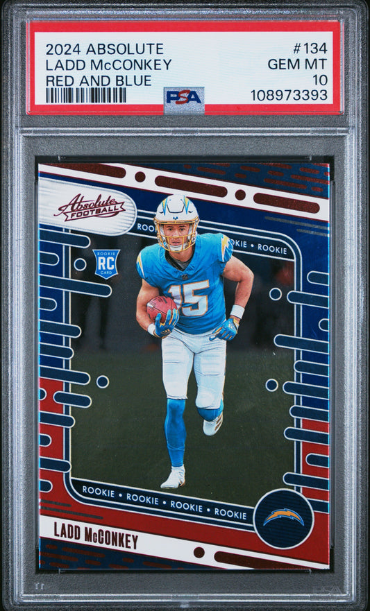 Graded 2024 Panini Absolute Ladd McConkey #134 Red/Blue Rookie RC Football Card PSA 10 Gem Mint