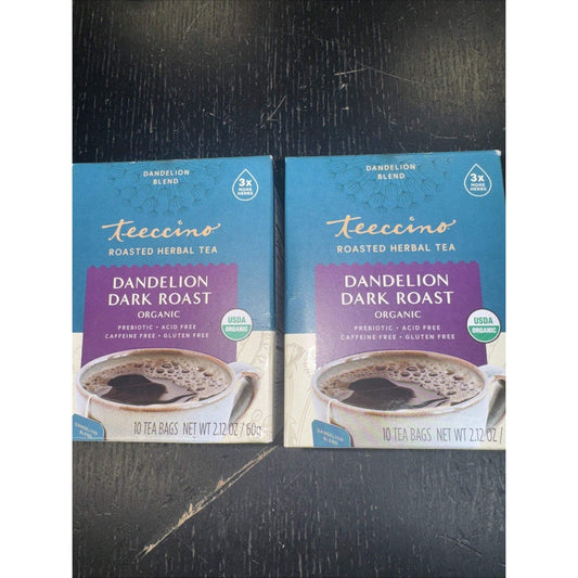 Two identical boxes of Teeccino Dandelion Dark Roast herbal tea displayed side by side on dark wooden surface.