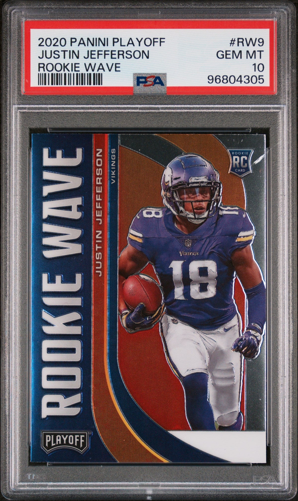 Front view of a PSA-slabbed card showing a player in a purple number 18 Vikings jersey holding a football.