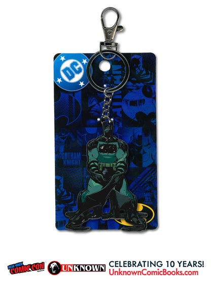 Front view of a green and black metal Batman keychain on a blue card with DC logo and Gotham Knight text.