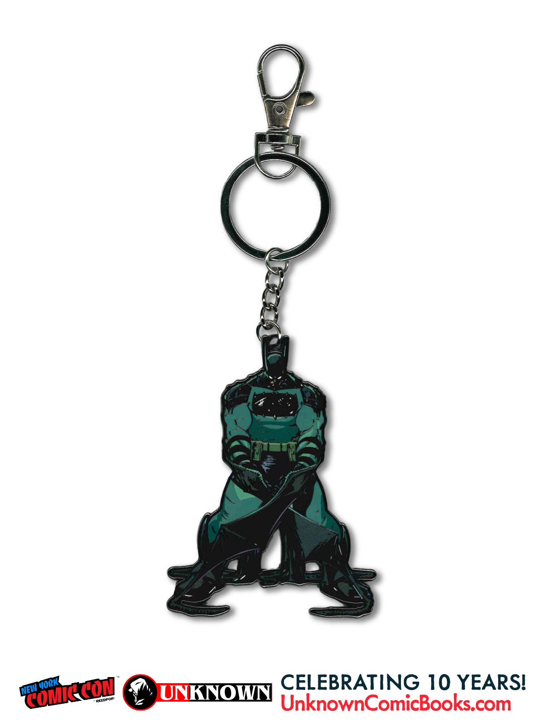 Front view of a metal keychain with a teal and black Batman figure in a cape, clasp at top.