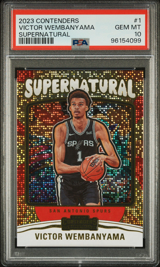 Front view of a PSA 10 graded card slab showing a player in a black Spurs jersey holding a basketball.