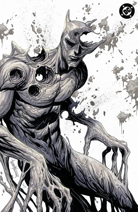 Grotesque clay figure with multiple hollow eye sockets dissolving into splattered fragments against white background, DC Comics logo visible upper right.