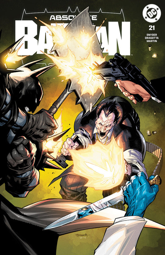 Comic book cover featuring Batman in combat with a villain, surrounded by yellow energy effects and multiple armed figures against a green background.