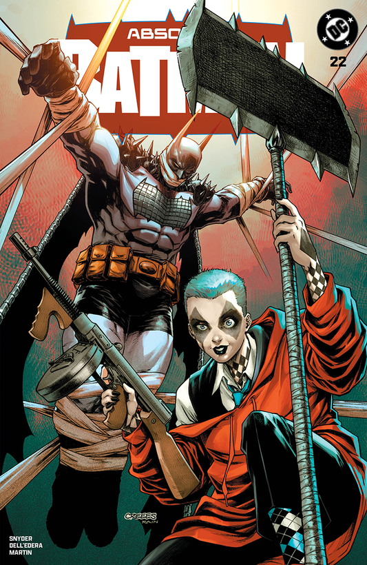 Comic book cover featuring Batman and Harley Quinn wielding weapons against a red and teal background with DC logo.