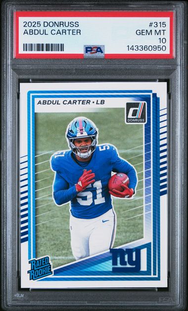 Front of graded PSA 10 football card showing Abdul Carter in blue Giants uniform holding football, with red PSA label and certification number visible at top.