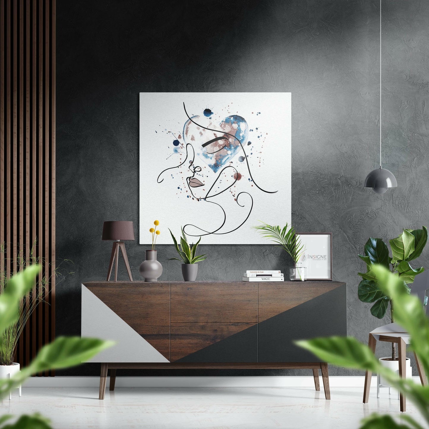 One Line Face With Blue Heart Brushed Aluminium Dibond Wall Art
