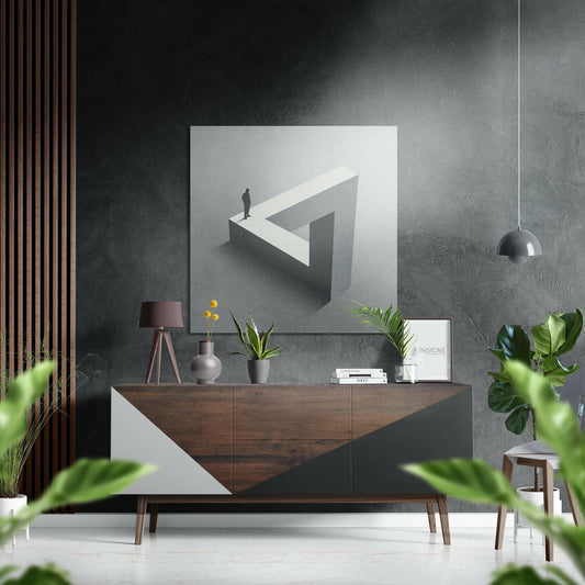 Loop Brushed Aluminium Dibond Wall Art displayed above wooden dresser in minimalist interior with plants and pendant lamp.