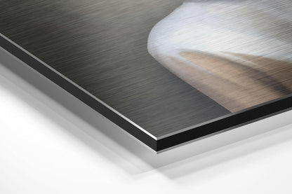 Close-up angled view of layered Dibond panels showing brushed aluminium surface with white backing and black edge detail.