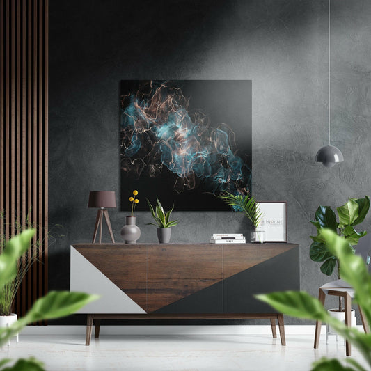 Black Turquoise Smoke Brushed Aluminium Dibond Wall Art displayed above a wooden console table in a modern living room setting.