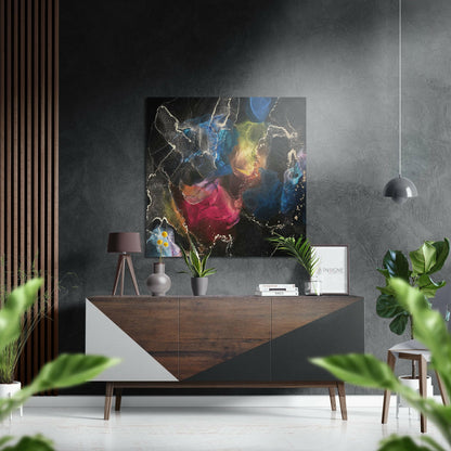 Rainbow Ink Bloom Black Brushed Aluminium Dibond Wall Art