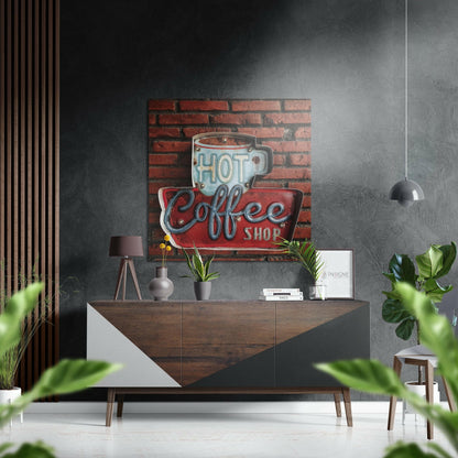 Vintage-style neon "Hot Coffee Shop" sign displayed above a wooden mid-century dresser in a modern living room setting.