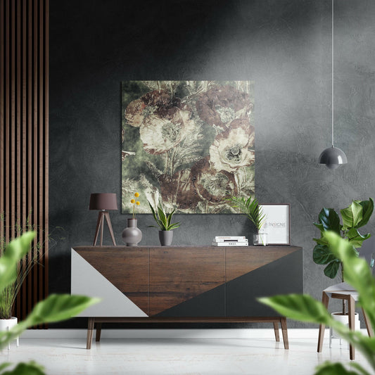 Vintage Beige Poppies Brushed Aluminium Dibond Wall Art displayed above wooden sideboard in modern interior with plants and pendant light.
