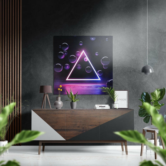 Modern room interior with neon triangle artwork above wooden dresser, surrounded by plants and decorative accessories.
