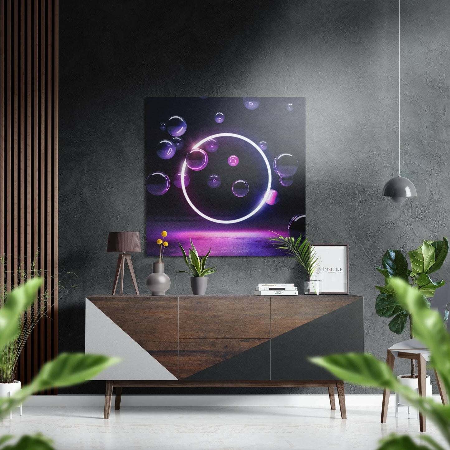 Glowing Neon Ring Purple Bubbles Brushed Aluminium Dibond Wall Art