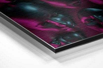 Angled product view of brushed aluminum Dibond wall art with magenta and teal abstract design and layered edge detail.